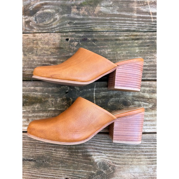 Patina Tan Leather Block Heel Mules Slip On Almond Toe Shoes Size 11 - Picture 4 of 8